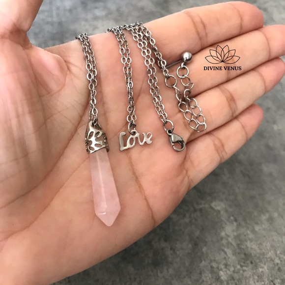 Rose Quartz Love Pendent Stainless Steel Necklace - Picture 3 of 8